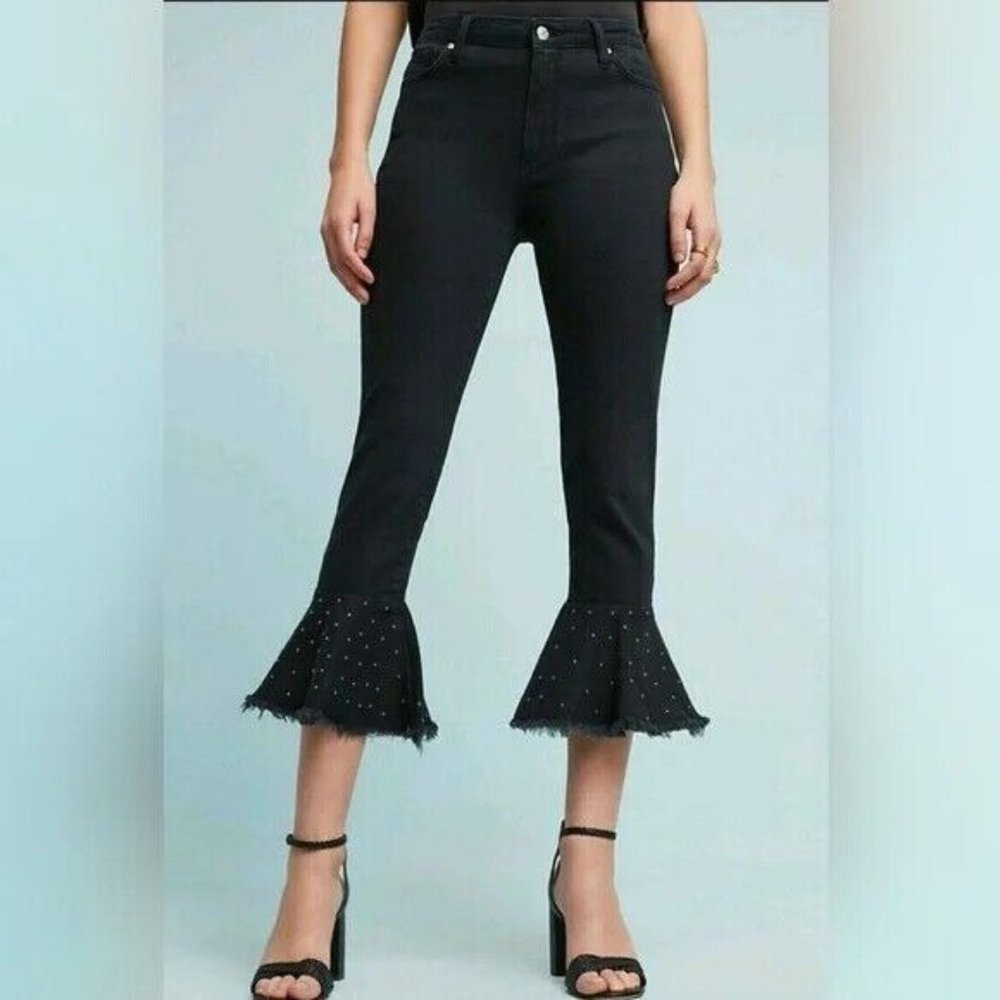 Pilcro & The Letterpress Women's Black Studded Flared Hem Cropped Jeans Size 26 - Picture 4 of 11
